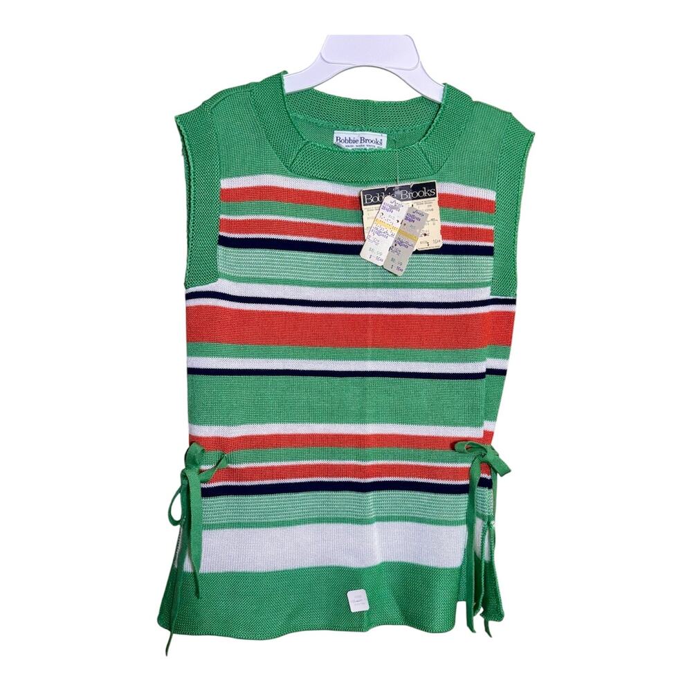 Vtg 1970s Bobbie Brooks NWT Sample Knit Sweater Vest Striped Side Tie Green S/M